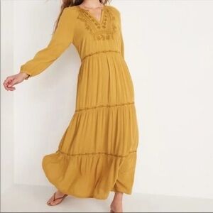 Old Navy Tiered Embroidered Peasant Dress mustard